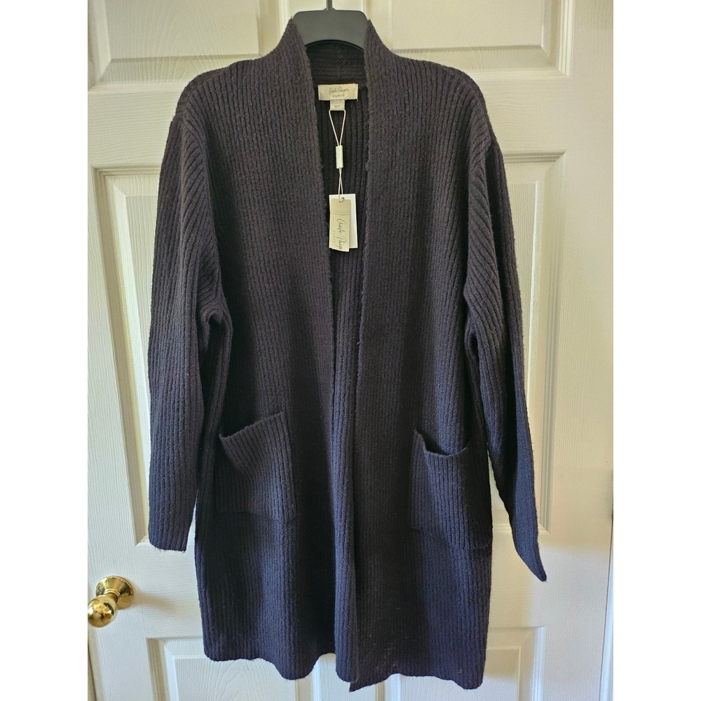 Charlie Paige Cardigan Womens 1X Black Ribbed Knit Open Front Pocket Curvy